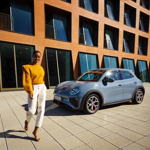 Eine lächelnde Frau läuft an einem GWM ORA 03 vorbei