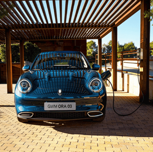 Blauer GWM ORA 03 in Frontansicht unter einem Carport während des Ladevorgangs an einer Wallbox